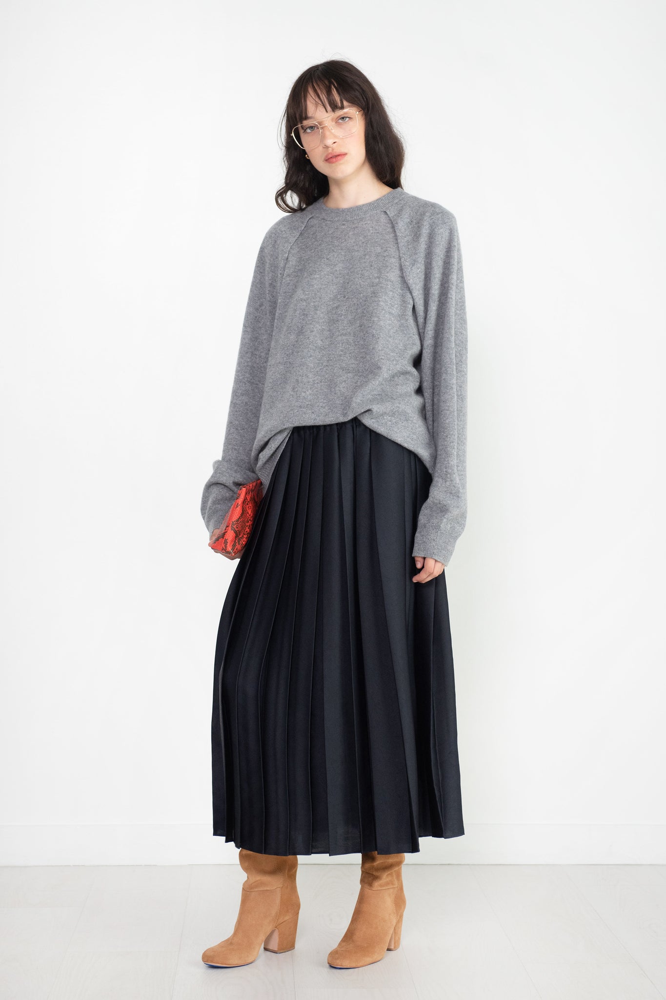 TIBI - Feather Weight Pleated Skirt, Navy
