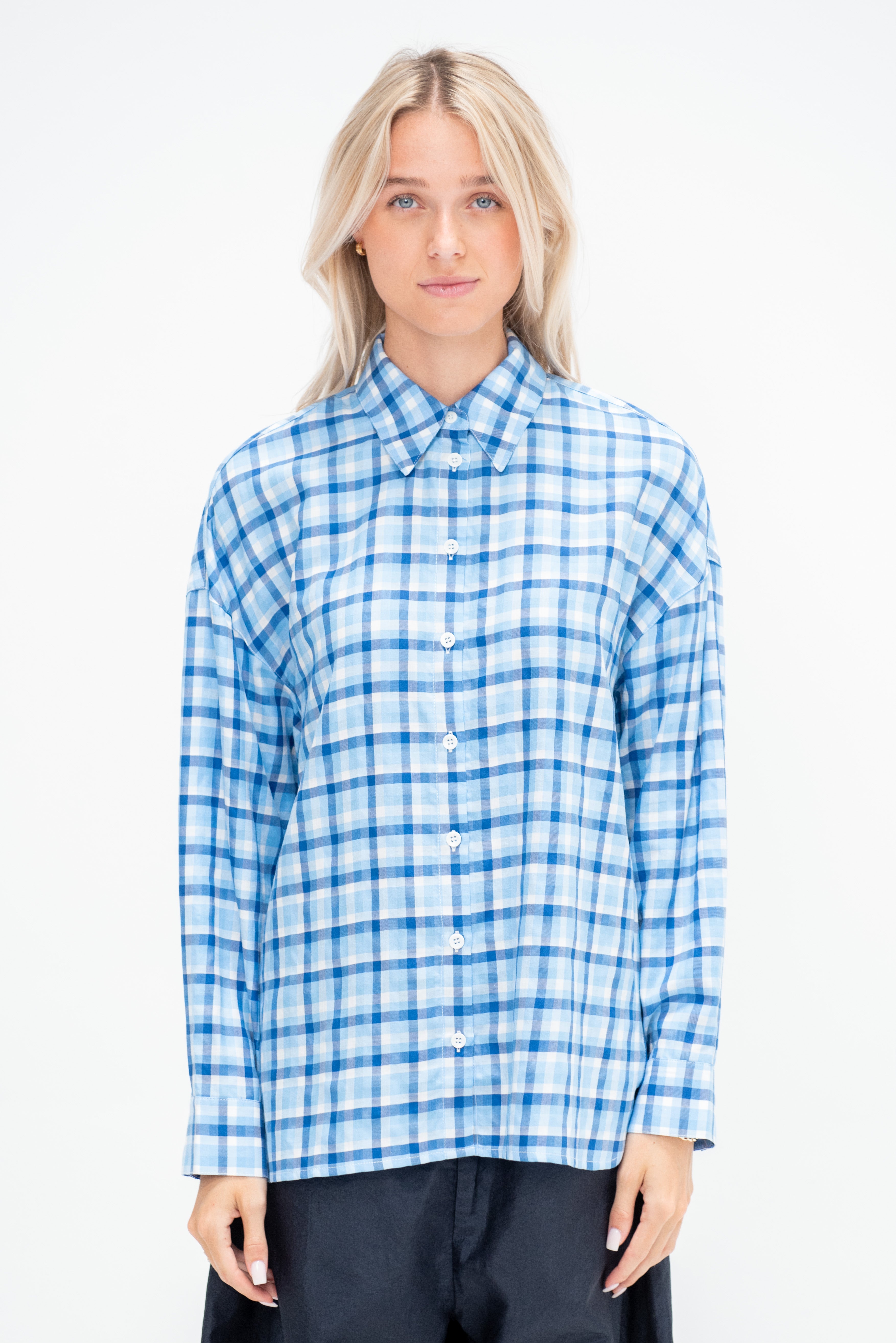 Tibi Otis Check Oversized Shirt, Blue Multi – Kick Pleat