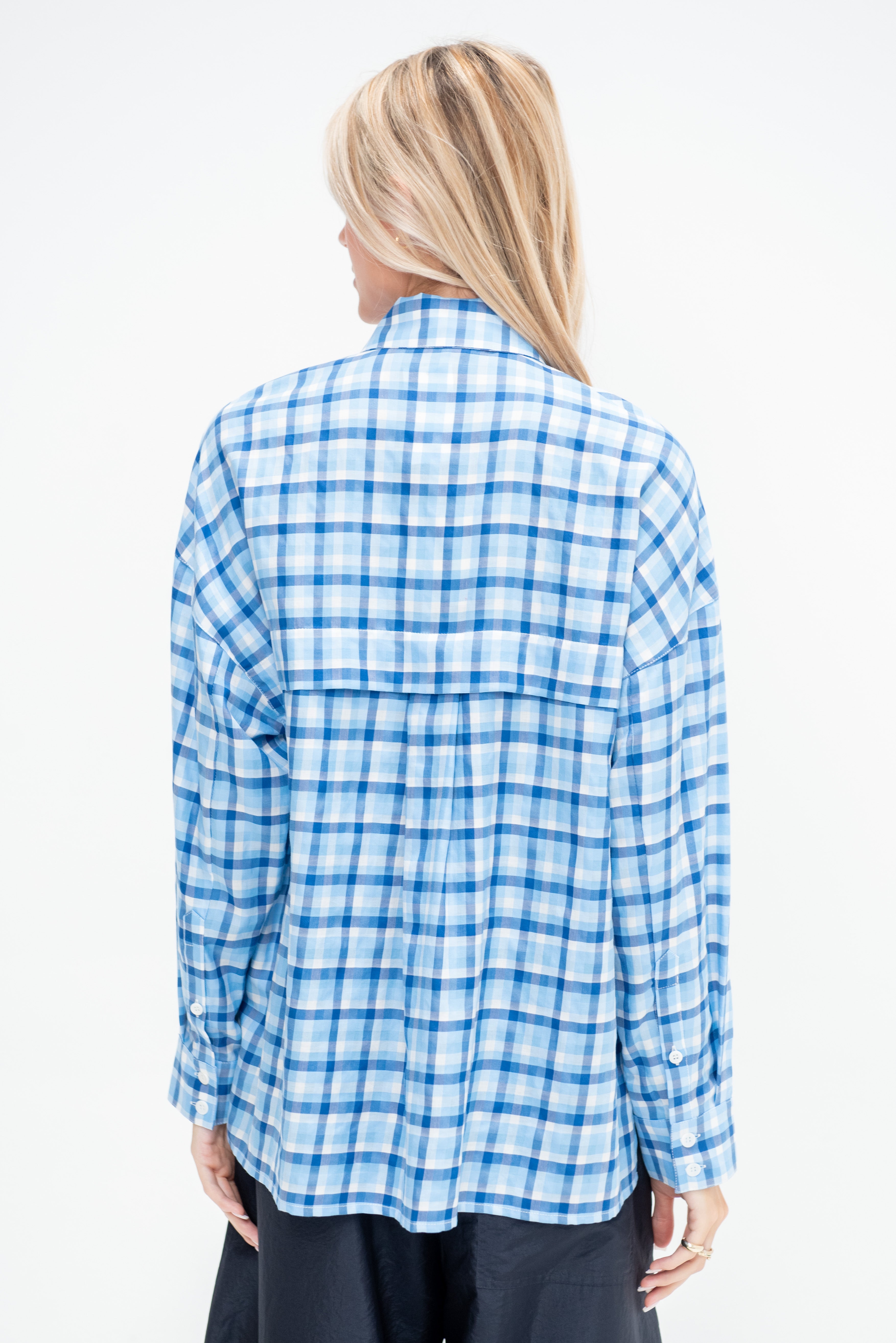 Tibi Otis Check Oversized Shirt, Blue Multi – Kick Pleat