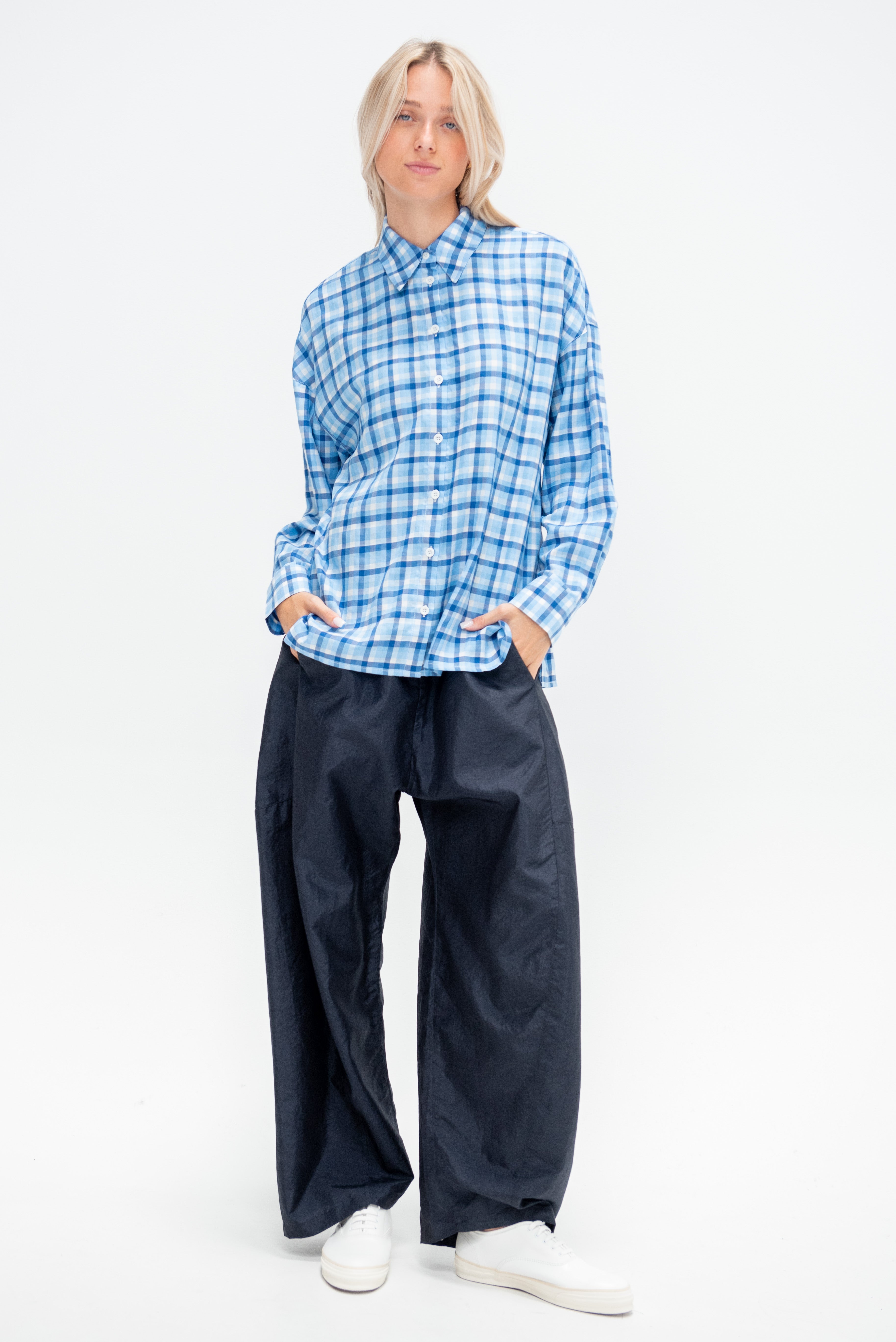 Tibi Otis Check Oversized Shirt, Blue Multi – Kick Pleat