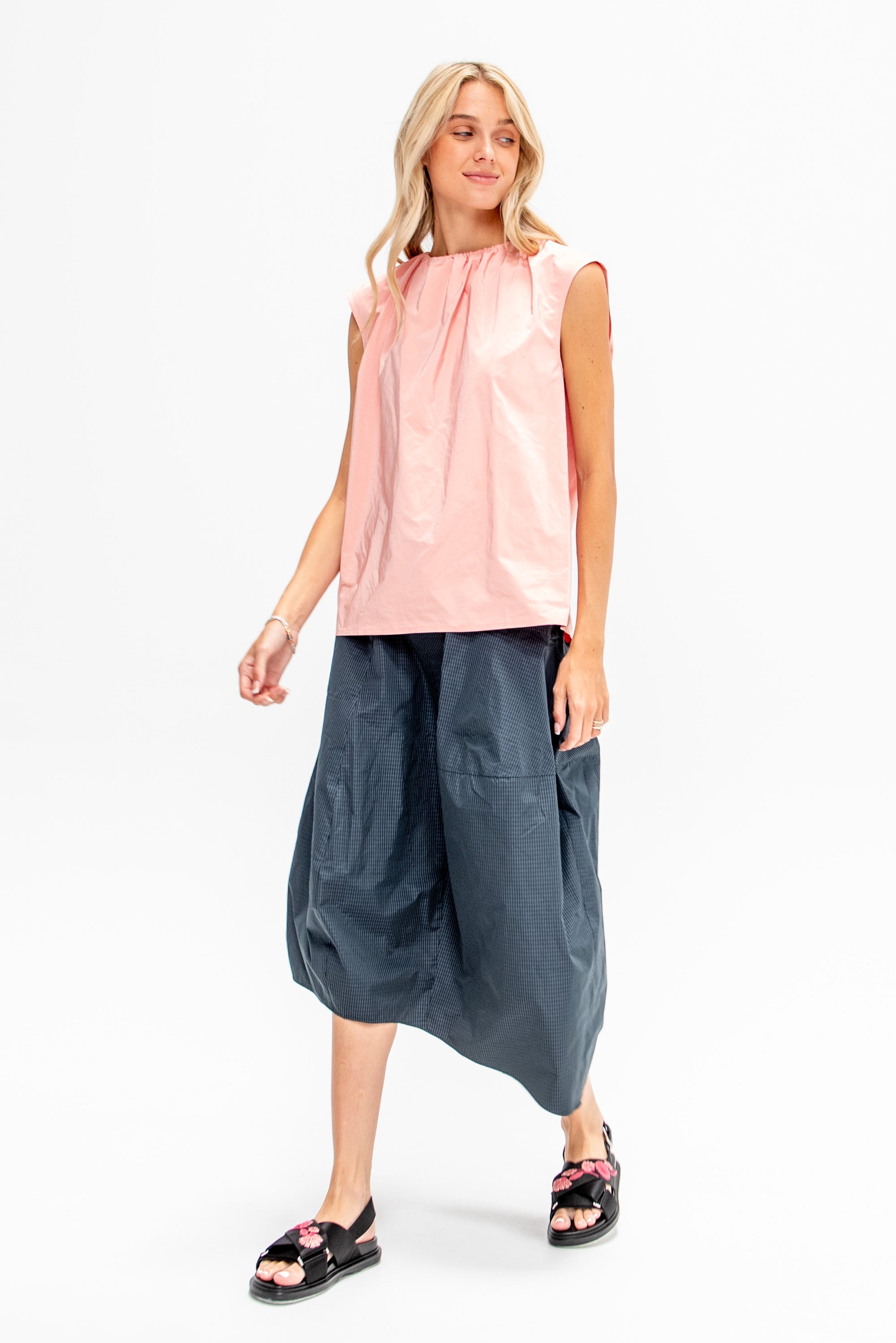 Nylon Shirred Neck Top, Pink