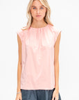 Nylon Shirred Neck Top, Pink