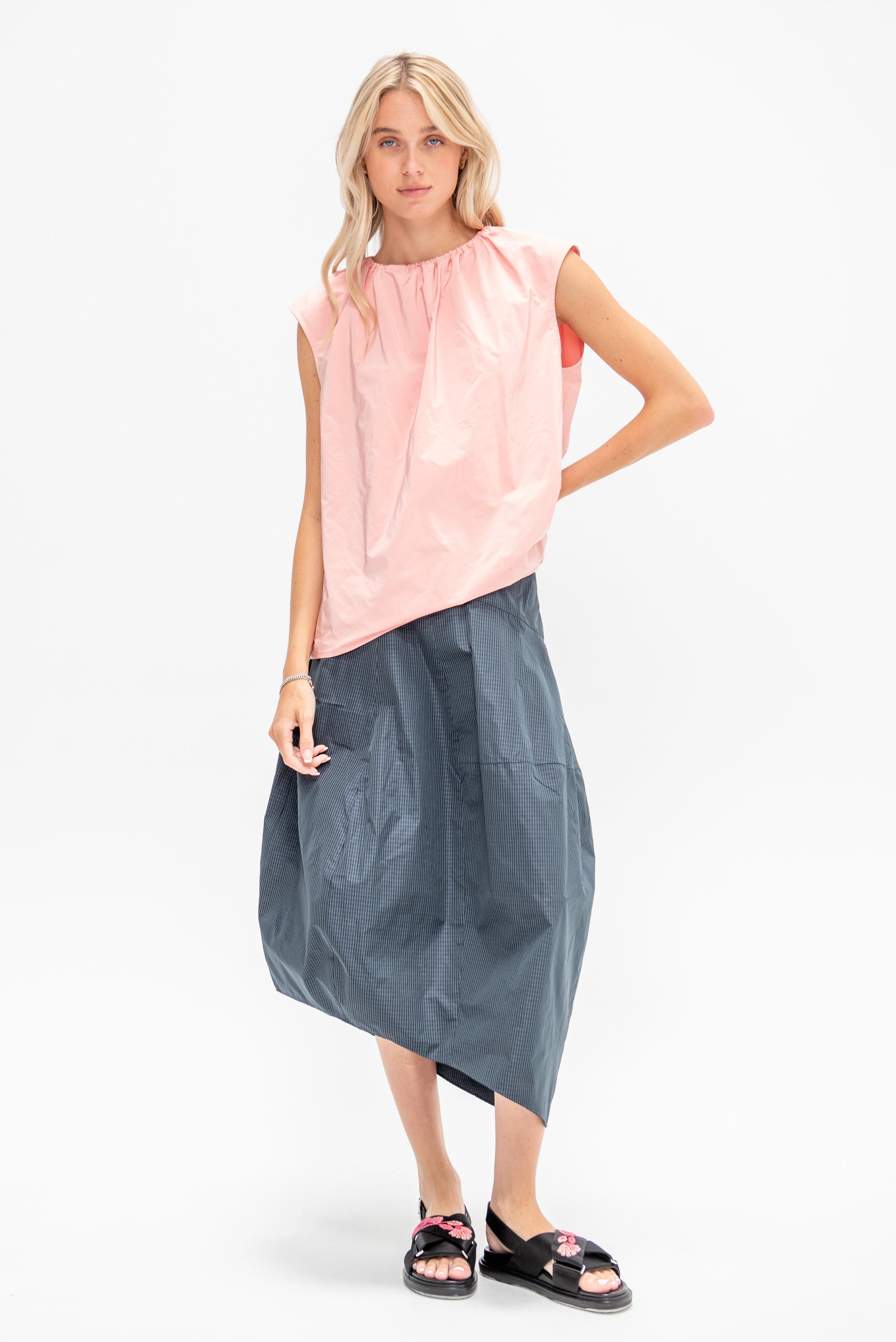 Nylon Shirred Neck Top, Pink