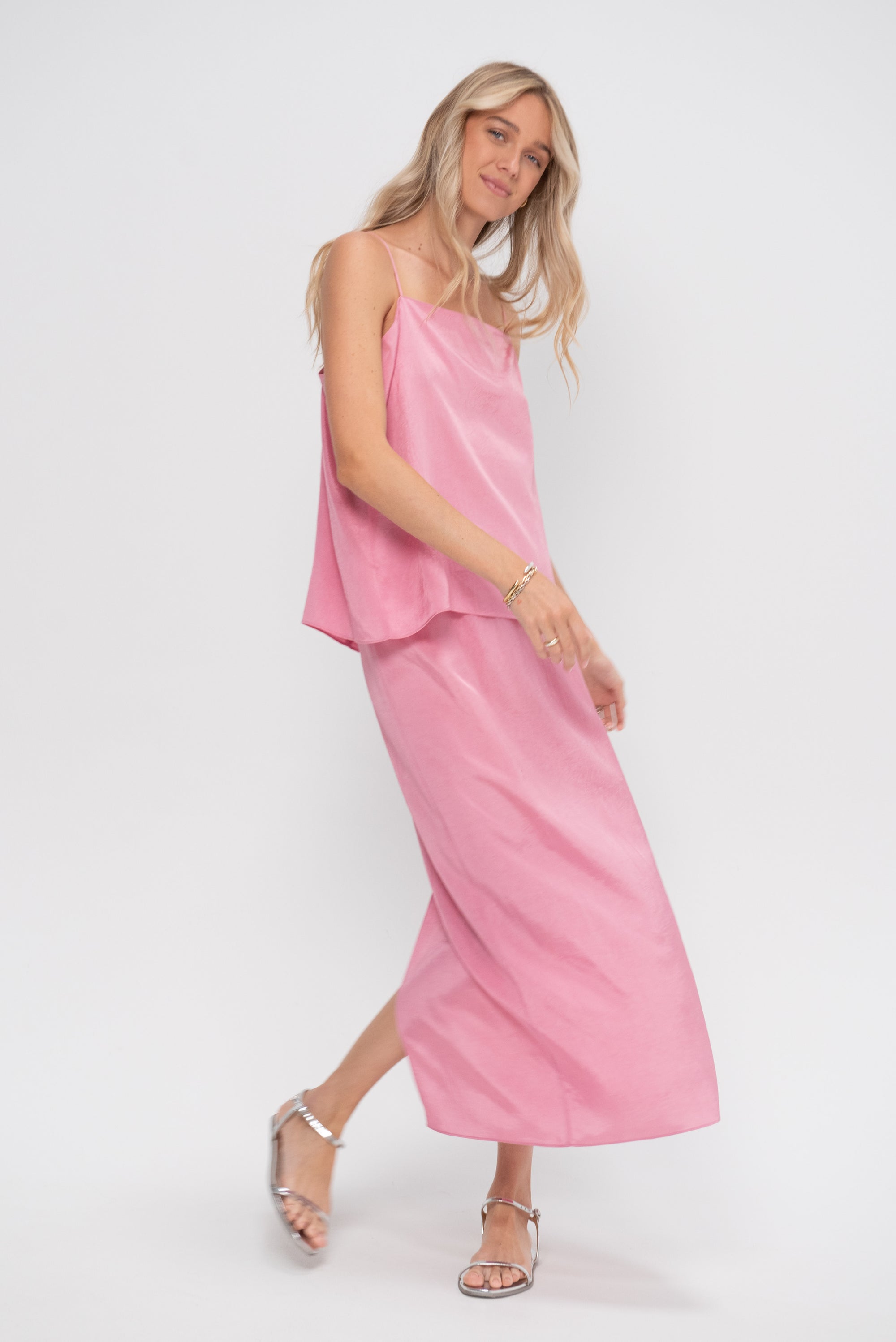 Summer Acetate Crinkle Maxi Slip Skirt, Pink
