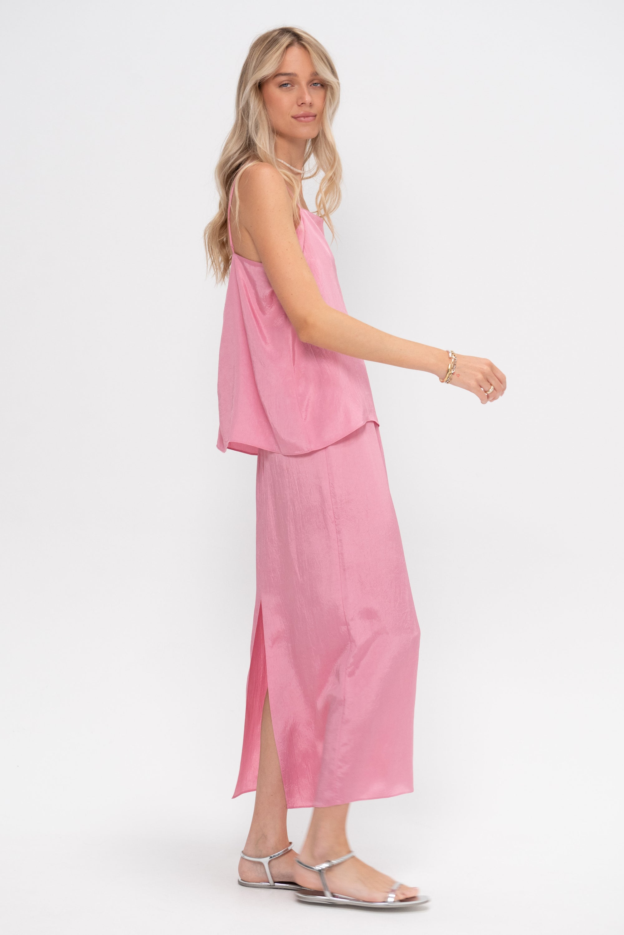 Summer Acetate Crinkle Maxi Slip Skirt, Pink