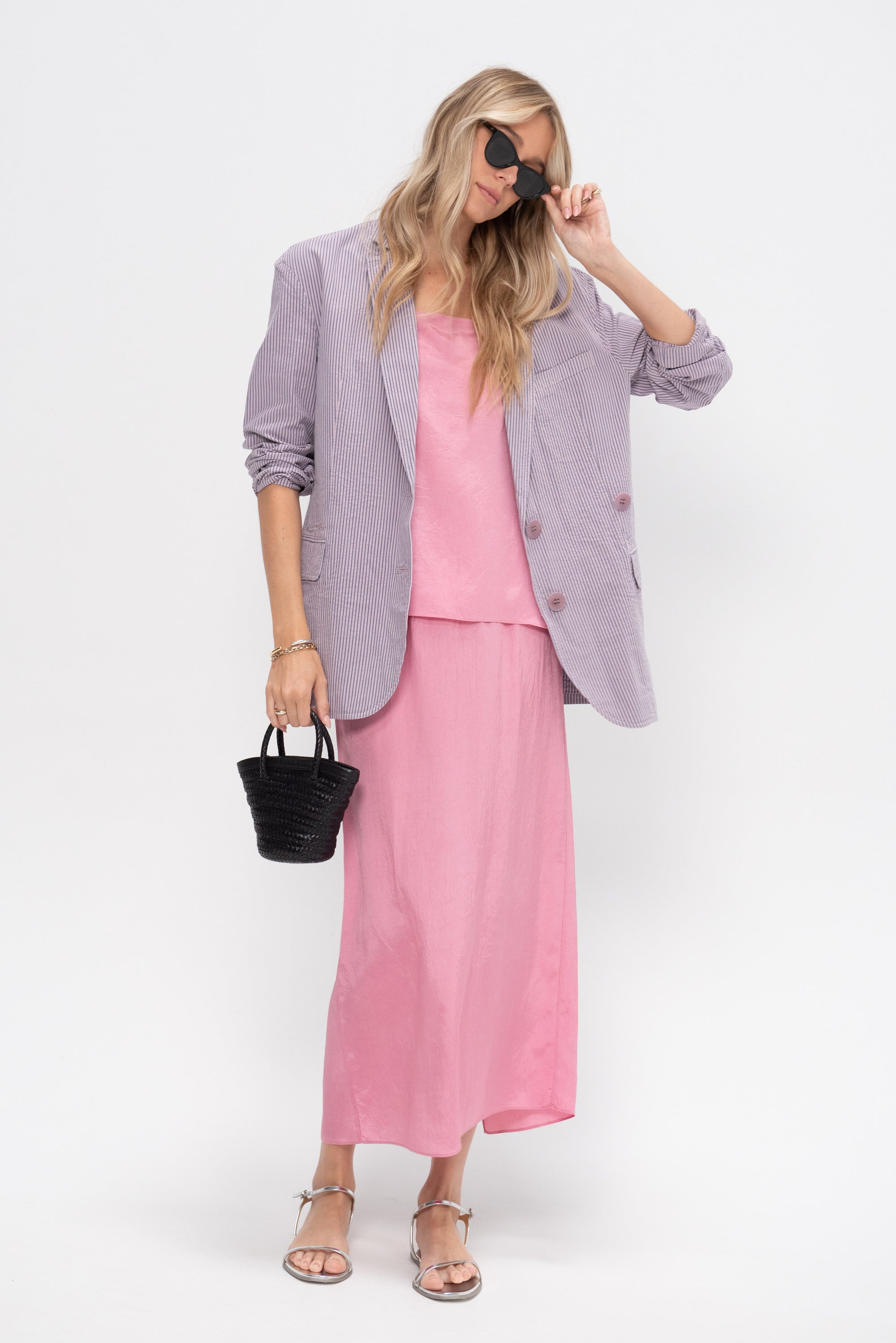 Summer Acetate Crinkle Maxi Slip Skirt, Pink
