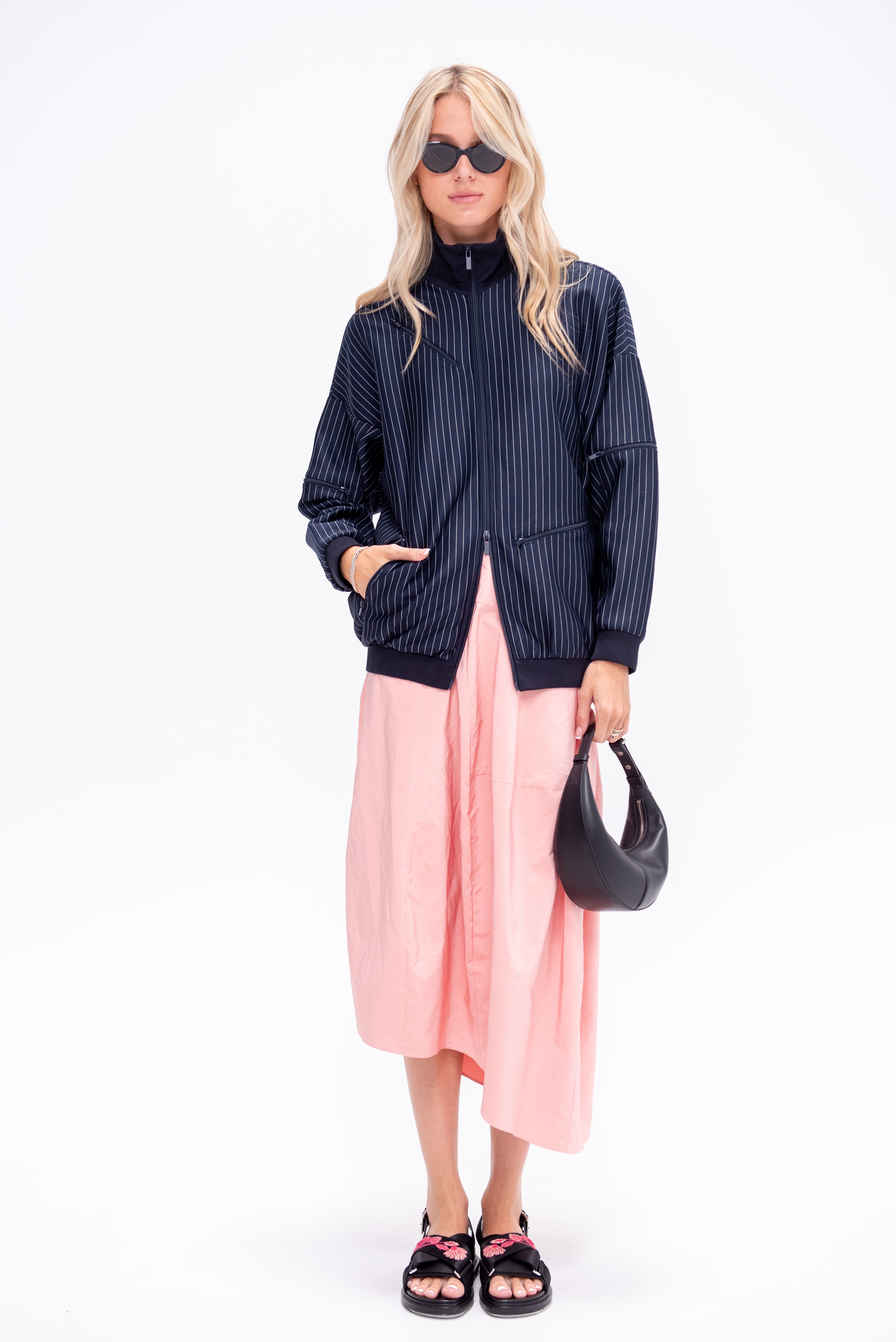 Tibi Jacket Pinstripe Active Knit, Navy Multi – Kick Pleat