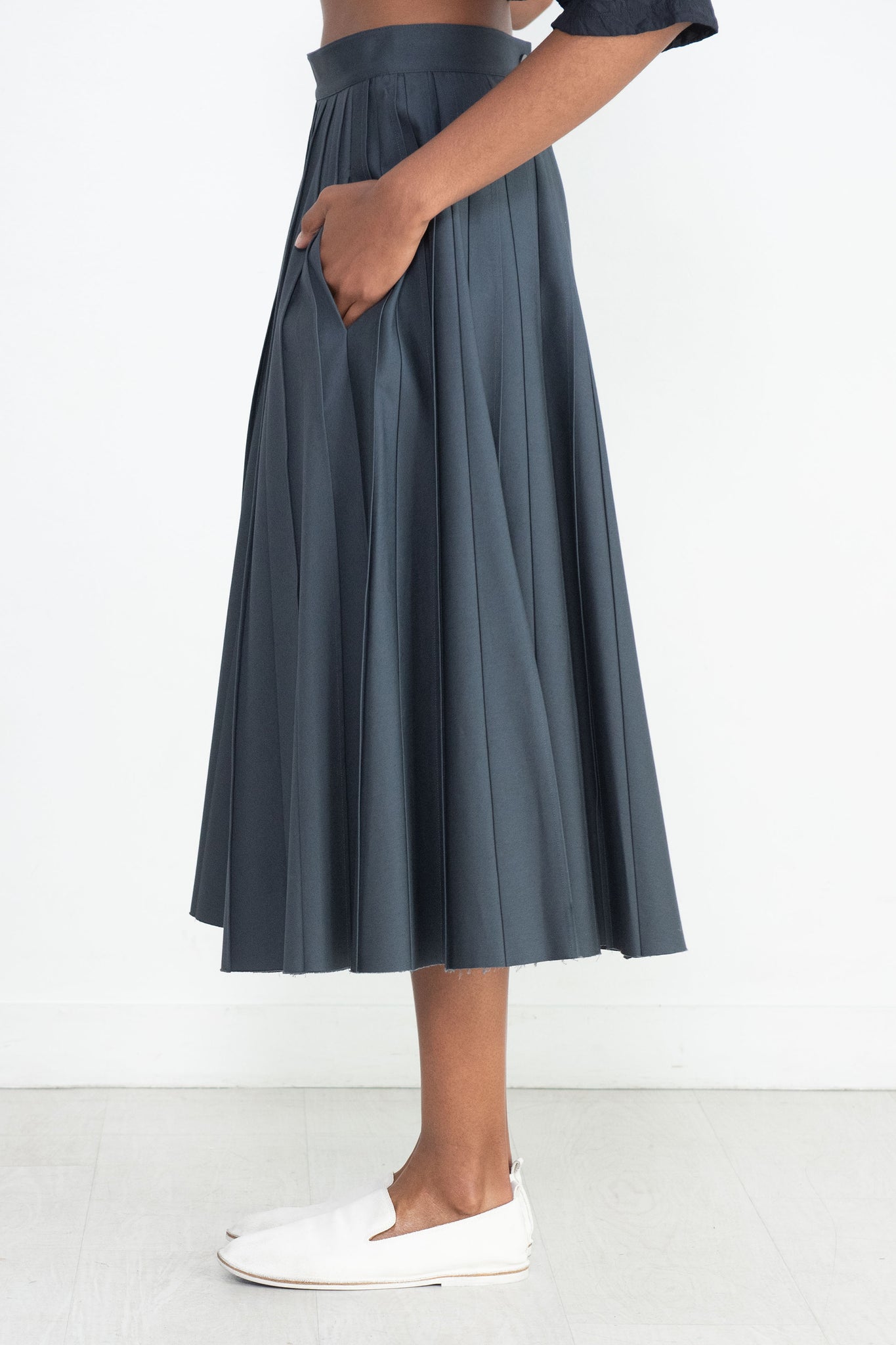 TIBI - Oliver Cotton Stretch Tricotine Pintucked Skirt, Slate Blue