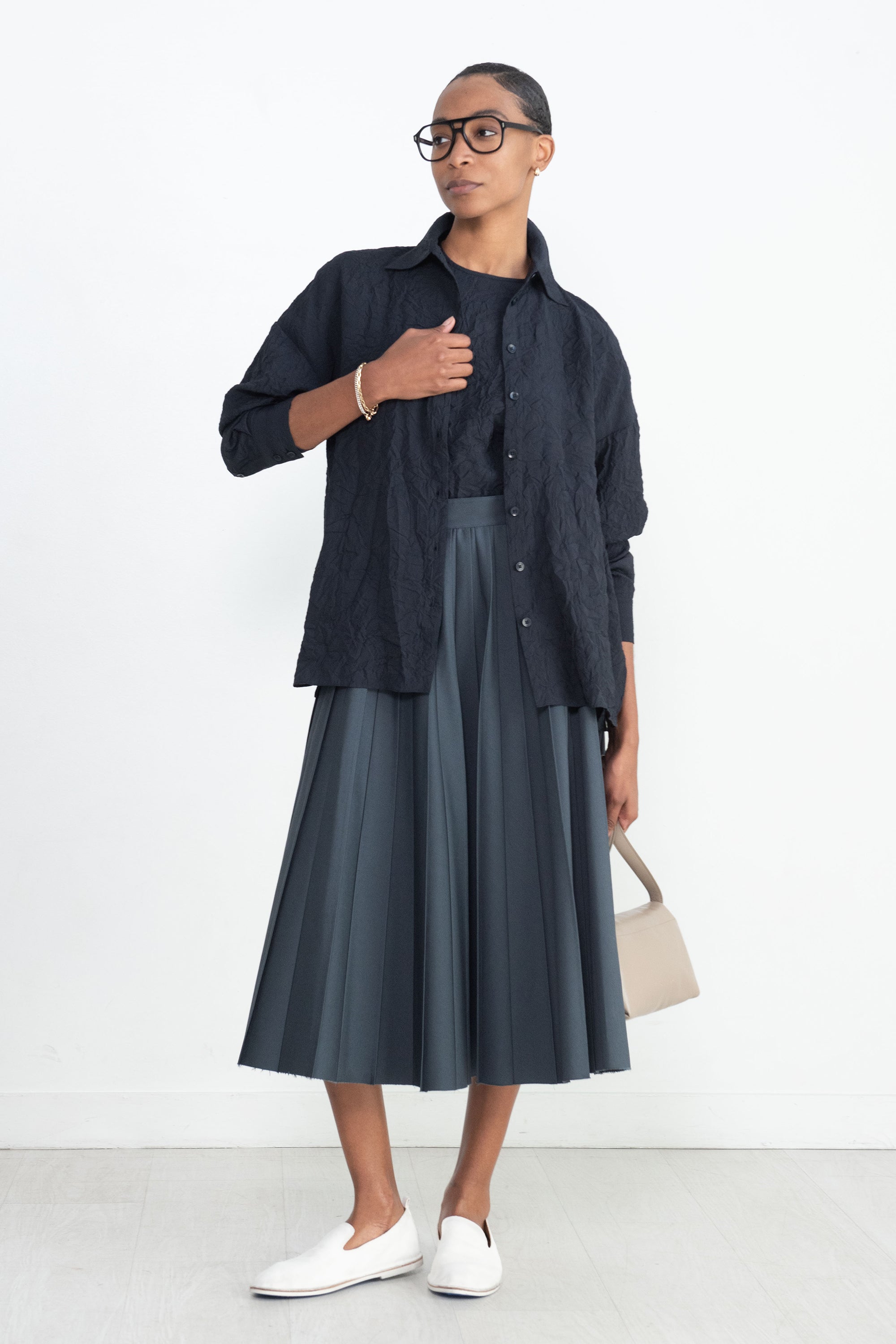 TIBI - Oliver Cotton Stretch Tricotine Pintucked Skirt, Slate Blue