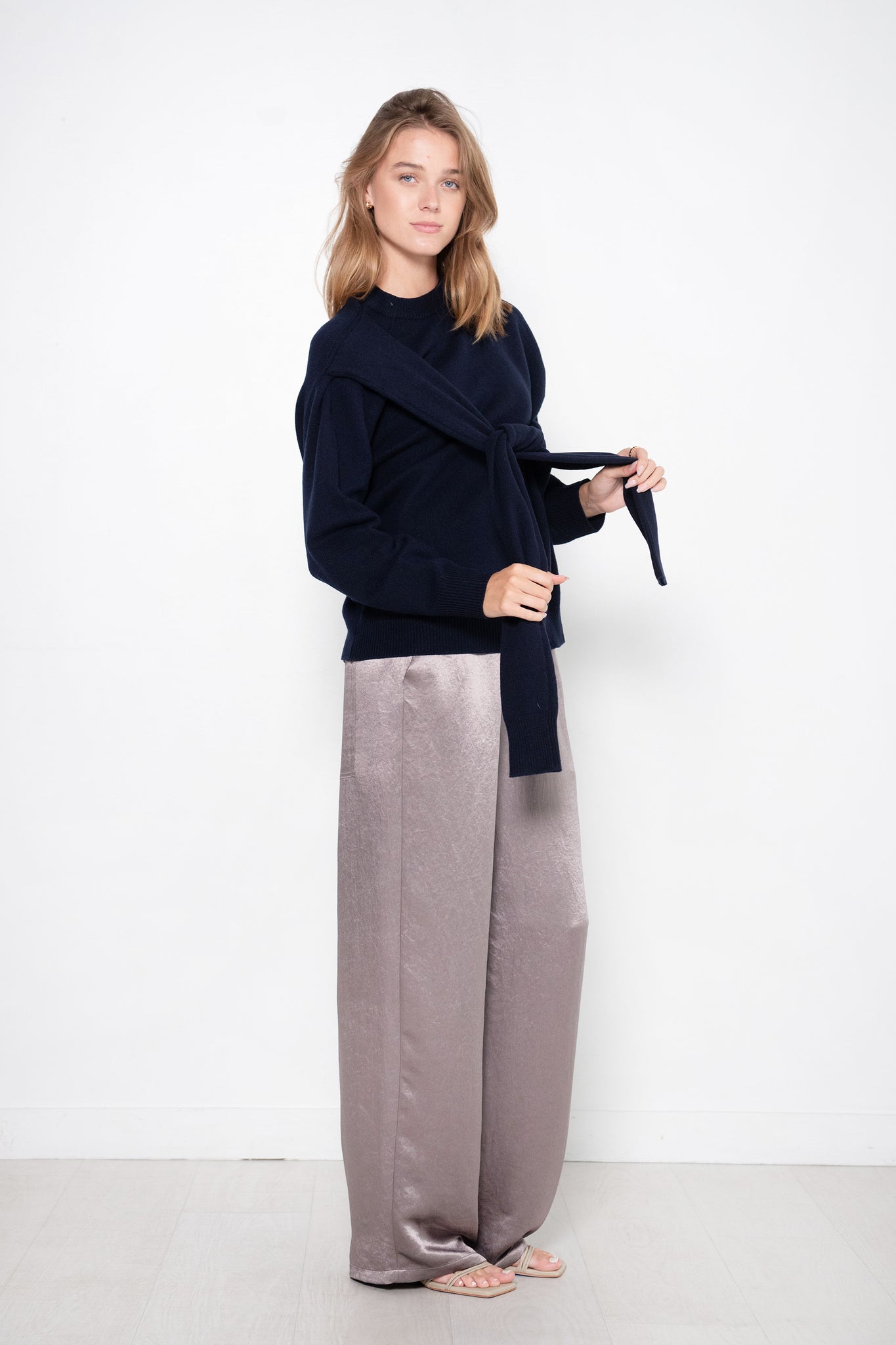 TIBI - Sion Satin Wide Leg Pull On Pant, Slate Grey