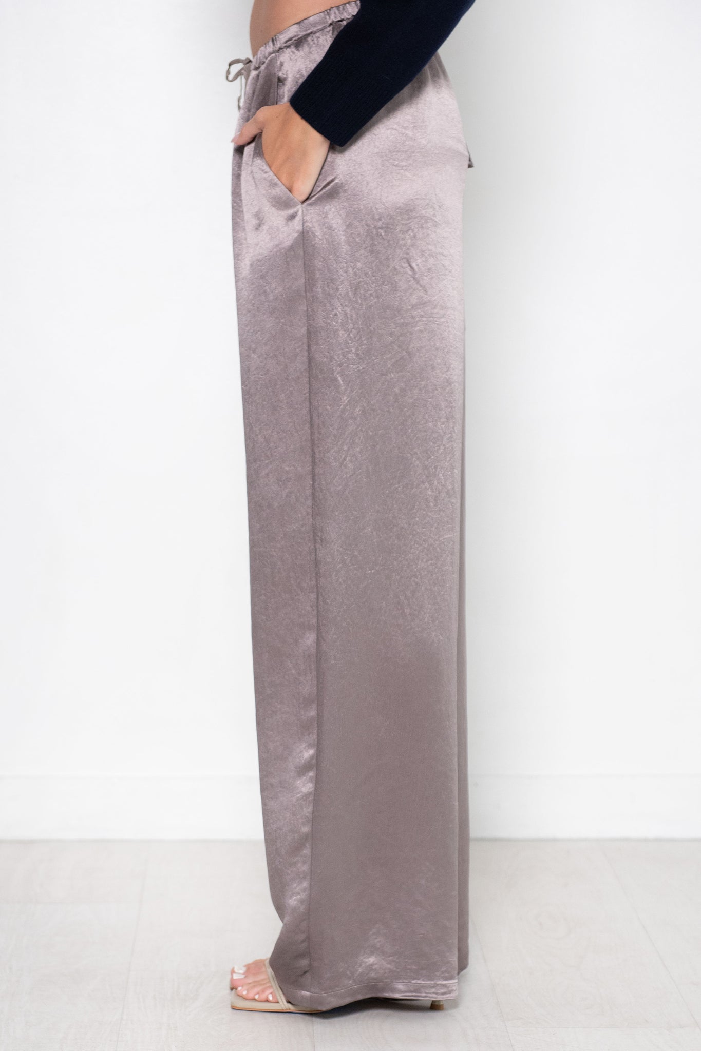TIBI - Sion Satin Wide Leg Pull On Pant, Slate Grey