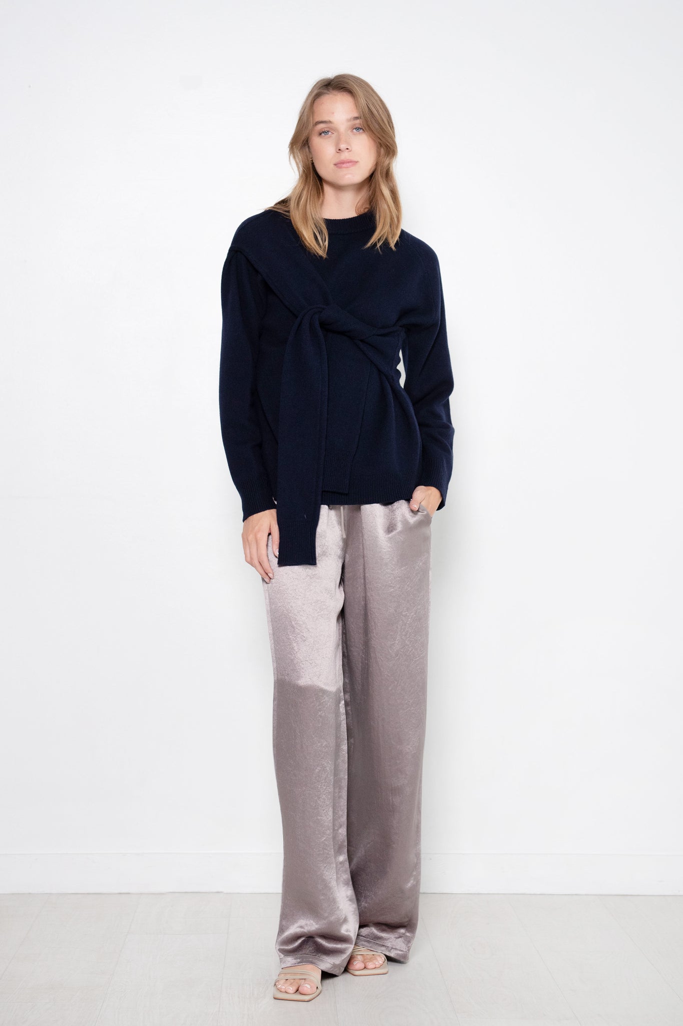 TIBI - Sion Satin Wide Leg Pull On Pant, Slate Grey