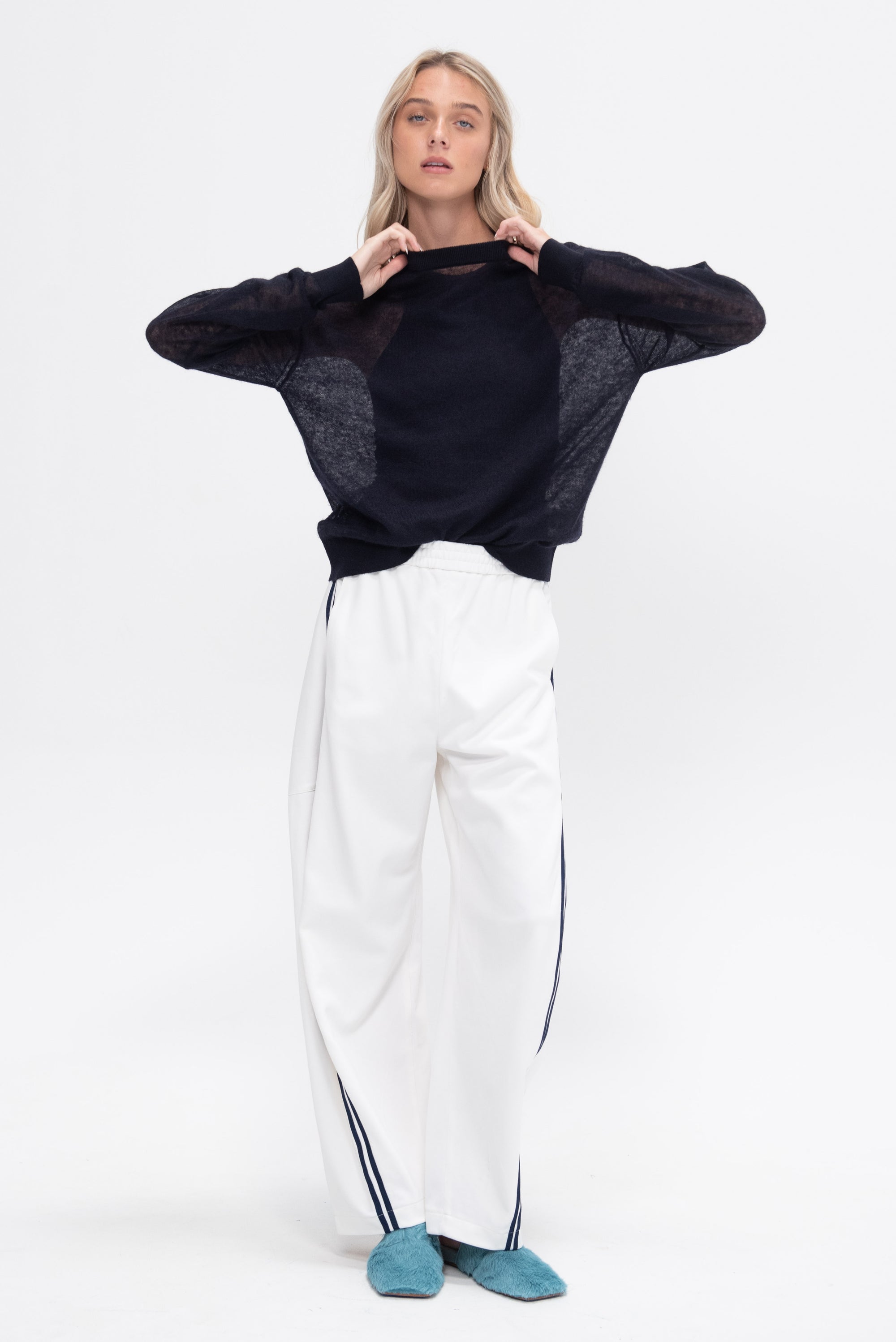 Sheer Sweater Crewneck Easy Pullover, Dark Navy