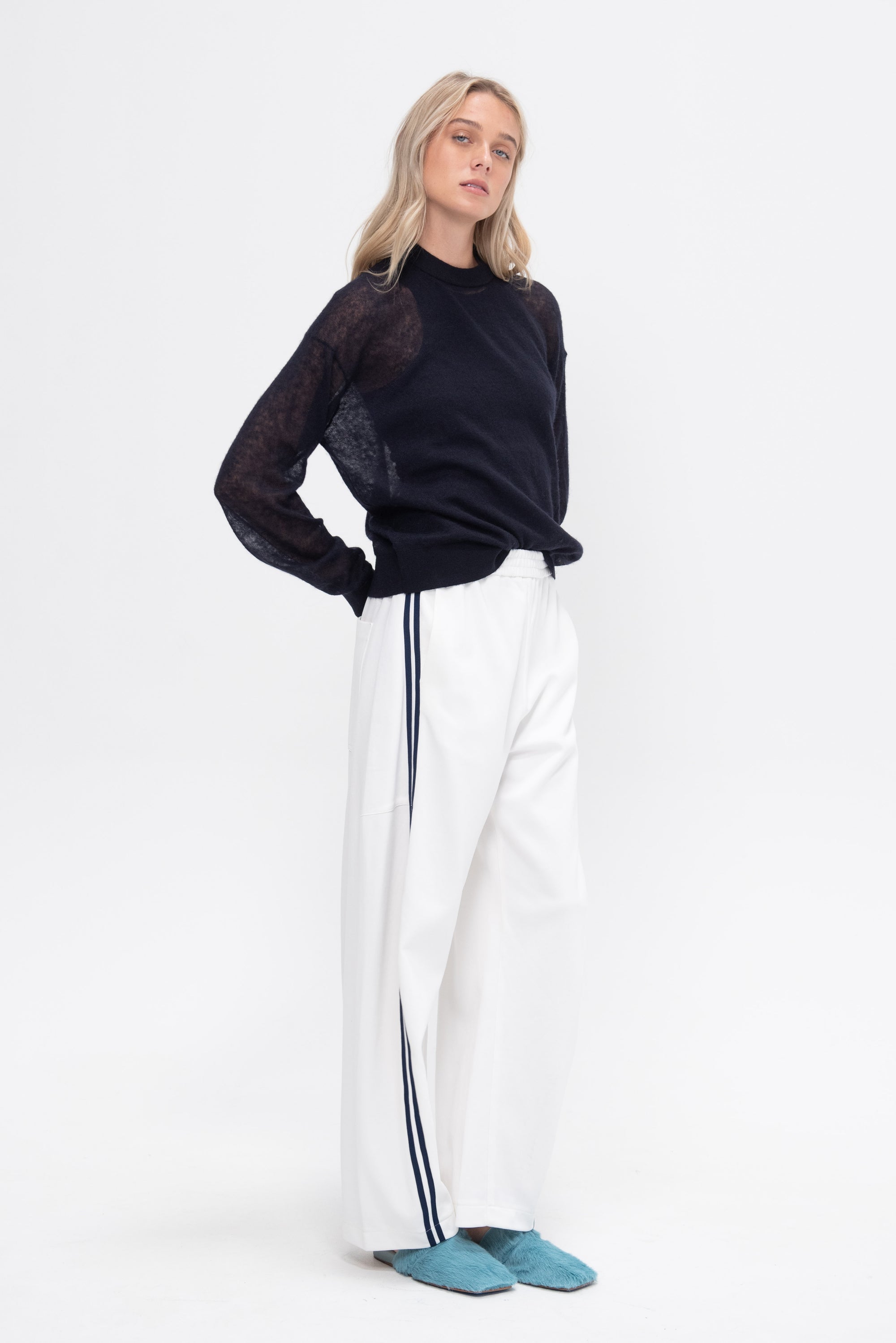 Sheer Sweater Crewneck Easy Pullover, Dark Navy