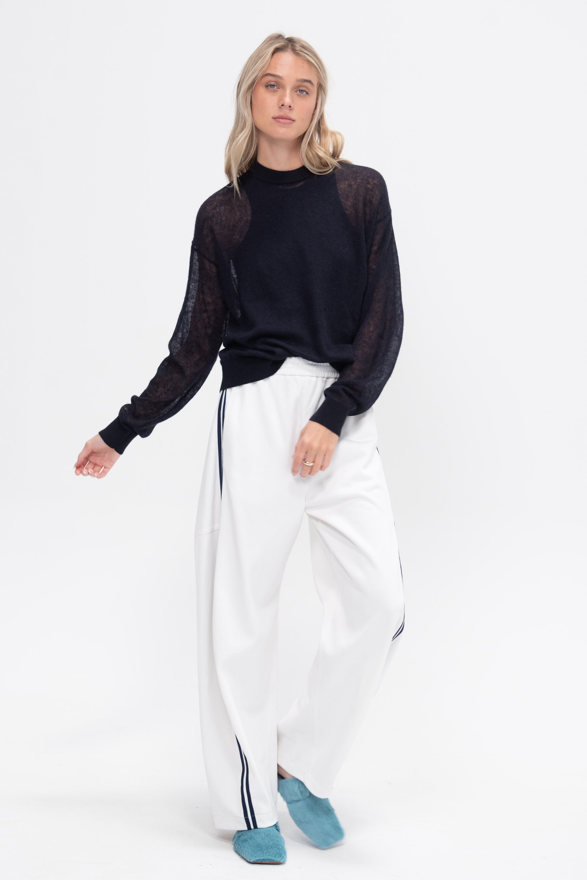 Sheer Sweater Crewneck Easy Pullover, Dark Navy