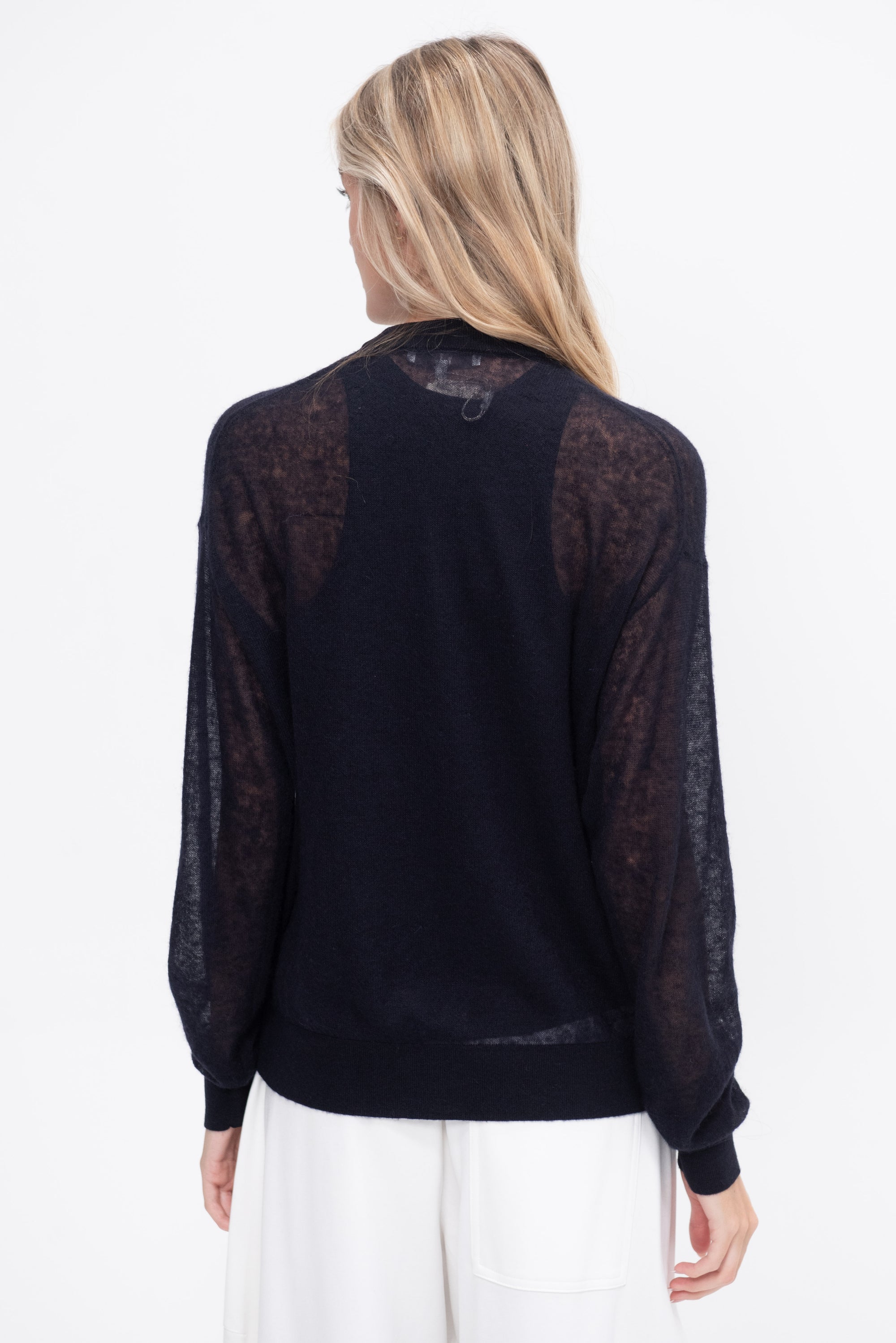 Sheer Sweater Crewneck Easy Pullover, Dark Navy