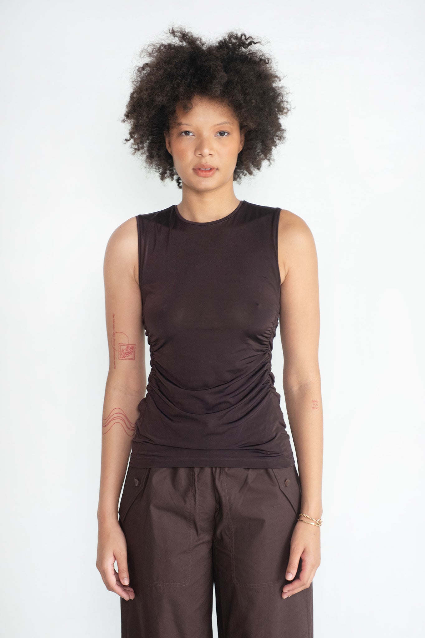 TIBI - Shirred Crewneck Top, Dark Brown