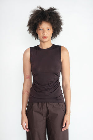 TIBI - Shirred Crewneck Top, Dark Brown