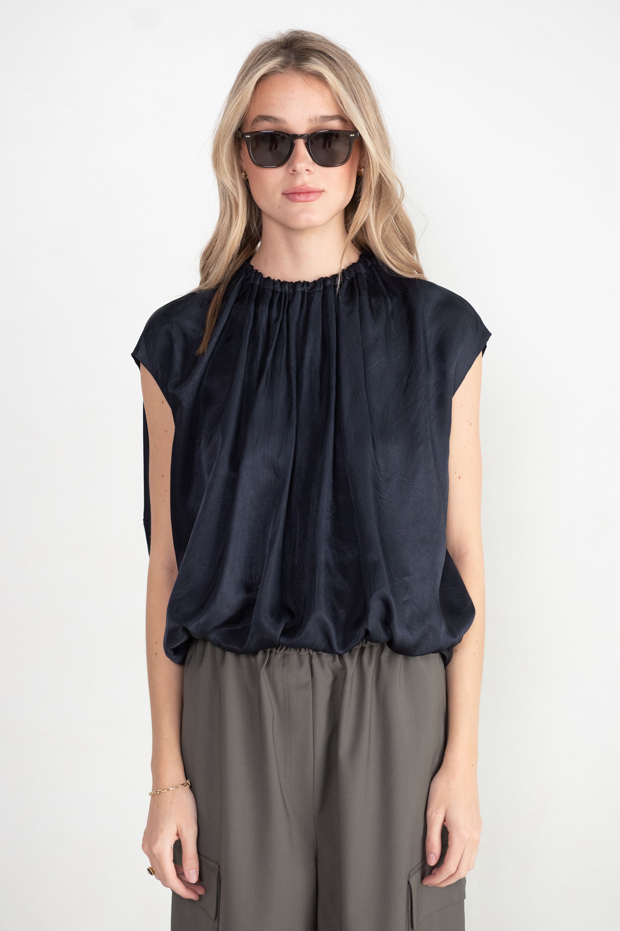 TIBI - Spring Acetate Shirred Neck Circular Top, Dark Navy