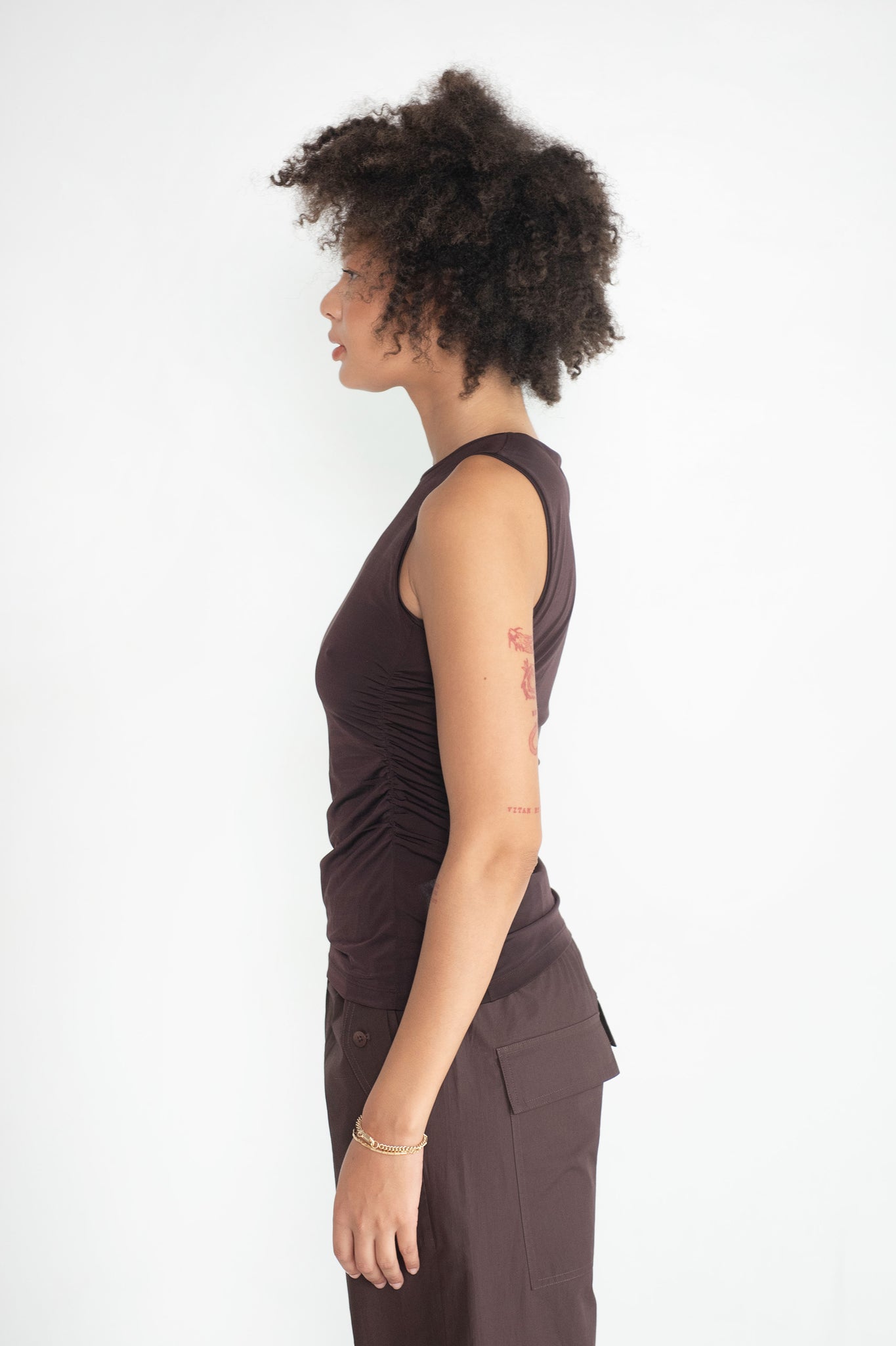 TIBI - Shirred Crewneck Top, Dark Brown