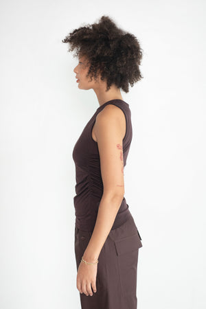 TIBI - Shirred Crewneck Top, Dark Brown