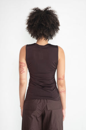 TIBI - Shirred Crewneck Top, Dark Brown
