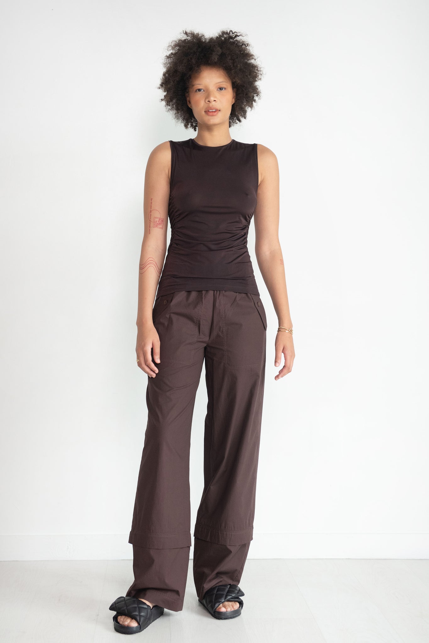 TIBI - Shirred Crewneck Top, Dark Brown