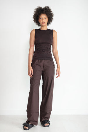 TIBI - Shirred Crewneck Top, Dark Brown