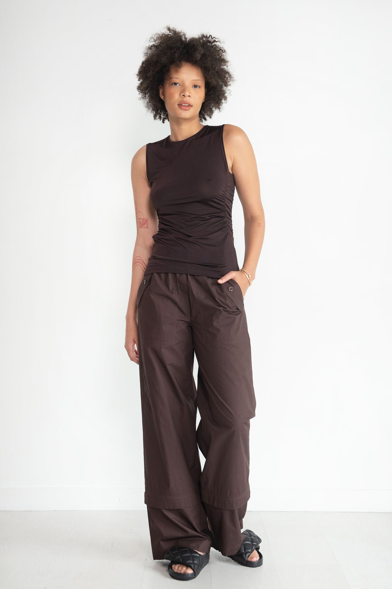 TIBI - Shirred Crewneck Top, Dark Brown