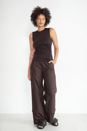 TIBI - Shirred Crewneck Top, Dark Brown