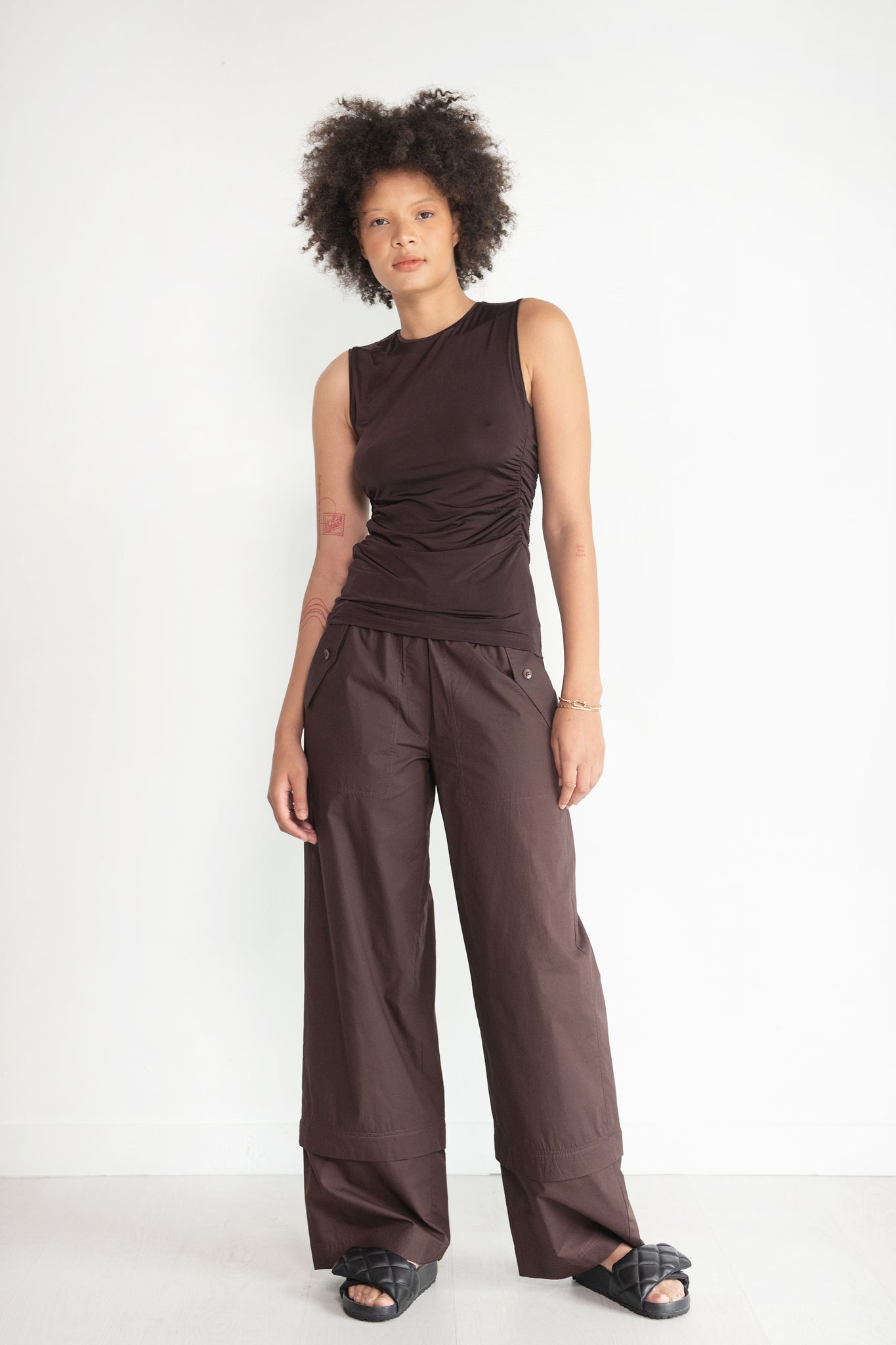 TIBI - Shirred Crewneck Top, Dark Brown