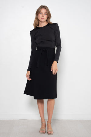 TIBI - Micro Jersey Shoulderpad Fitted Crewneck Top, Black