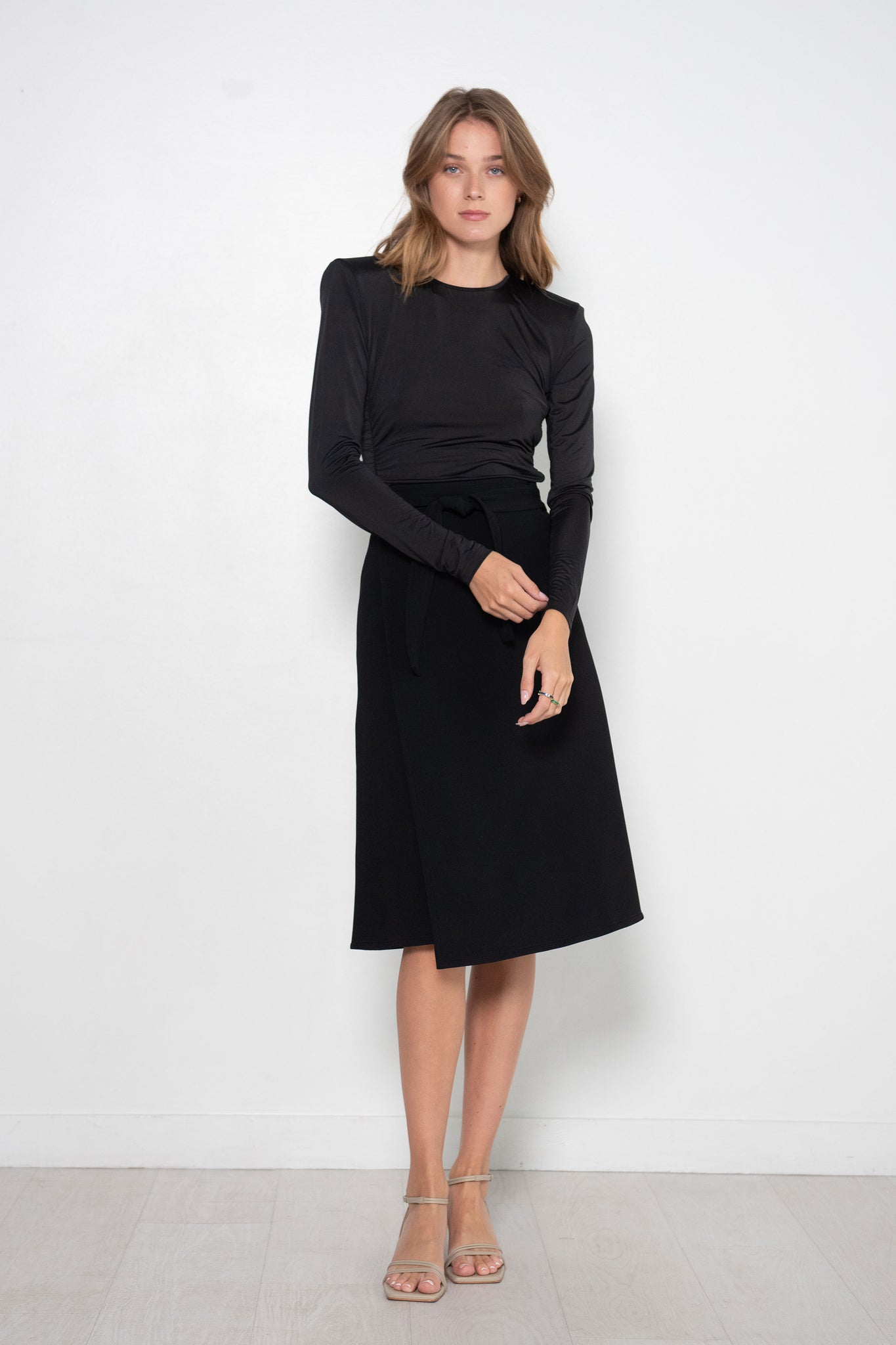 TIBI - Micro Jersey Shoulderpad Fitted Crewneck Top, Black