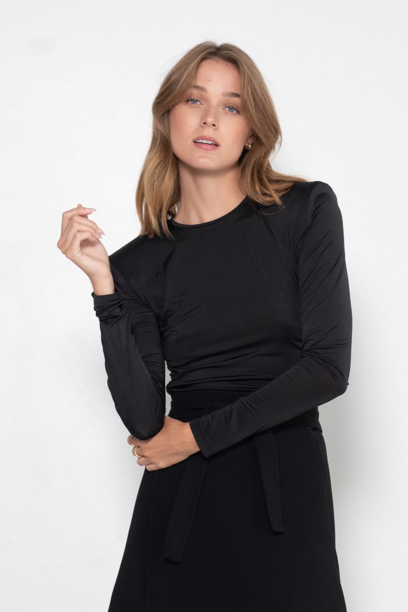 TIBI - Micro Jersey Shoulderpad Fitted Crewneck Top, Black