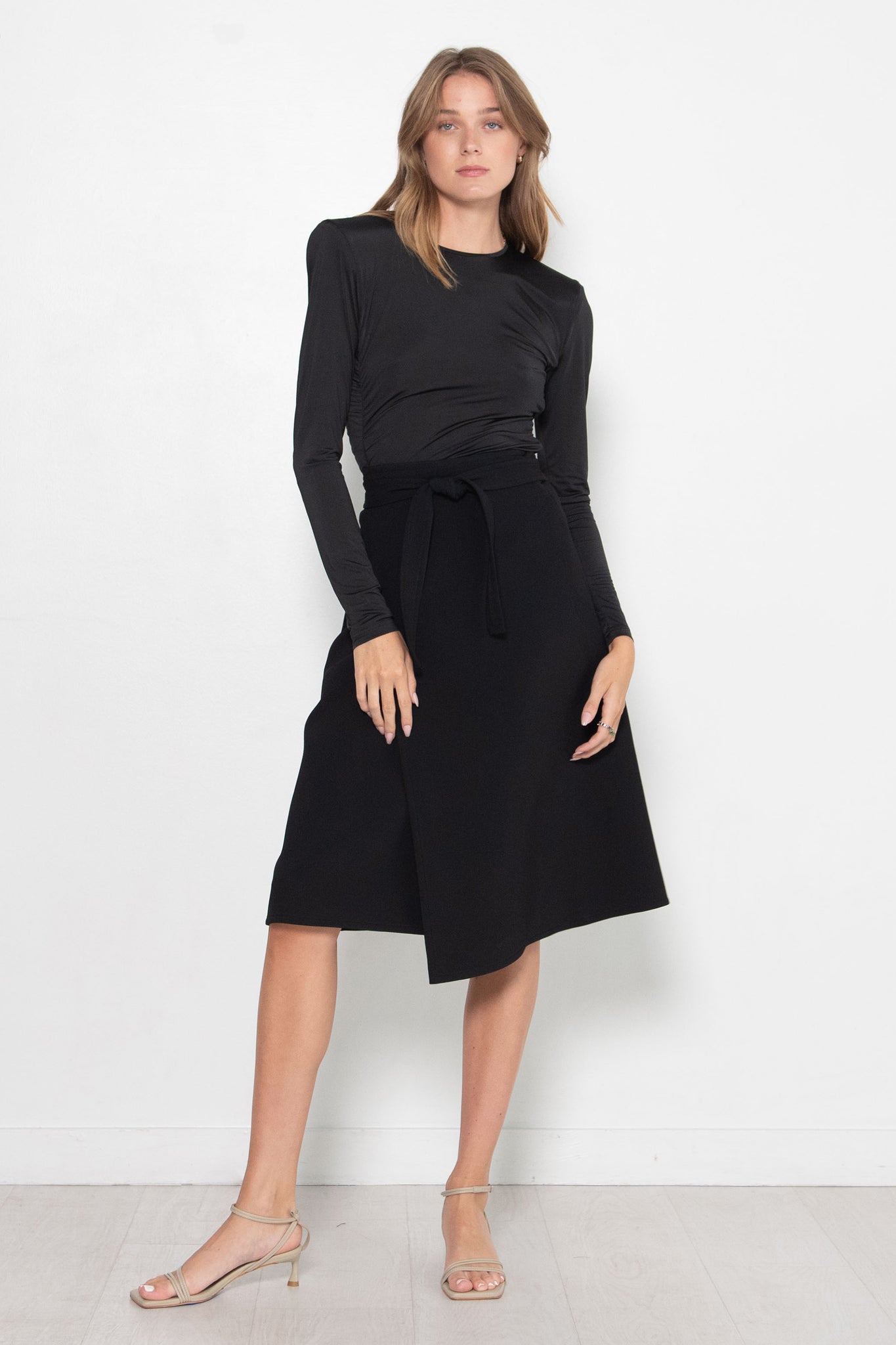 TIBI - Micro Jersey Shoulderpad Fitted Crewneck Top, Black