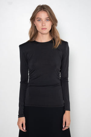 TIBI - Micro Jersey Shoulderpad Fitted Crewneck Top, Black