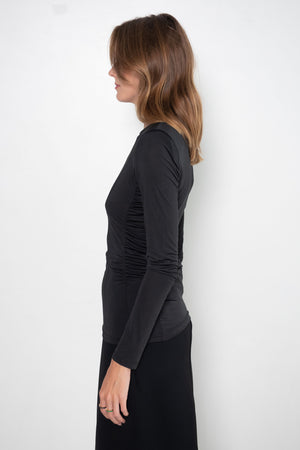 TIBI - Micro Jersey Shoulderpad Fitted Crewneck Top, Black