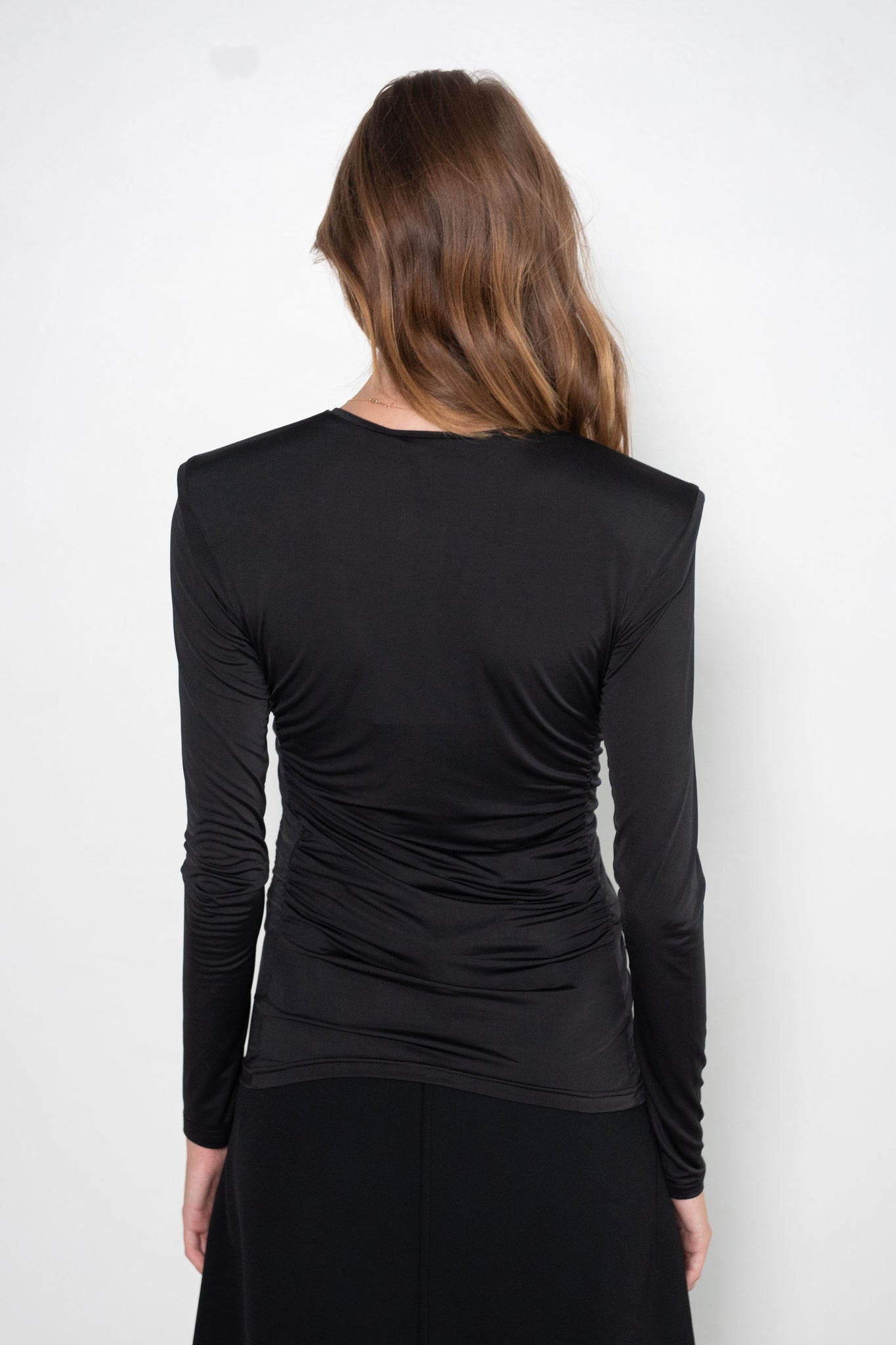 TIBI - Micro Jersey Shoulderpad Fitted Crewneck Top, Black