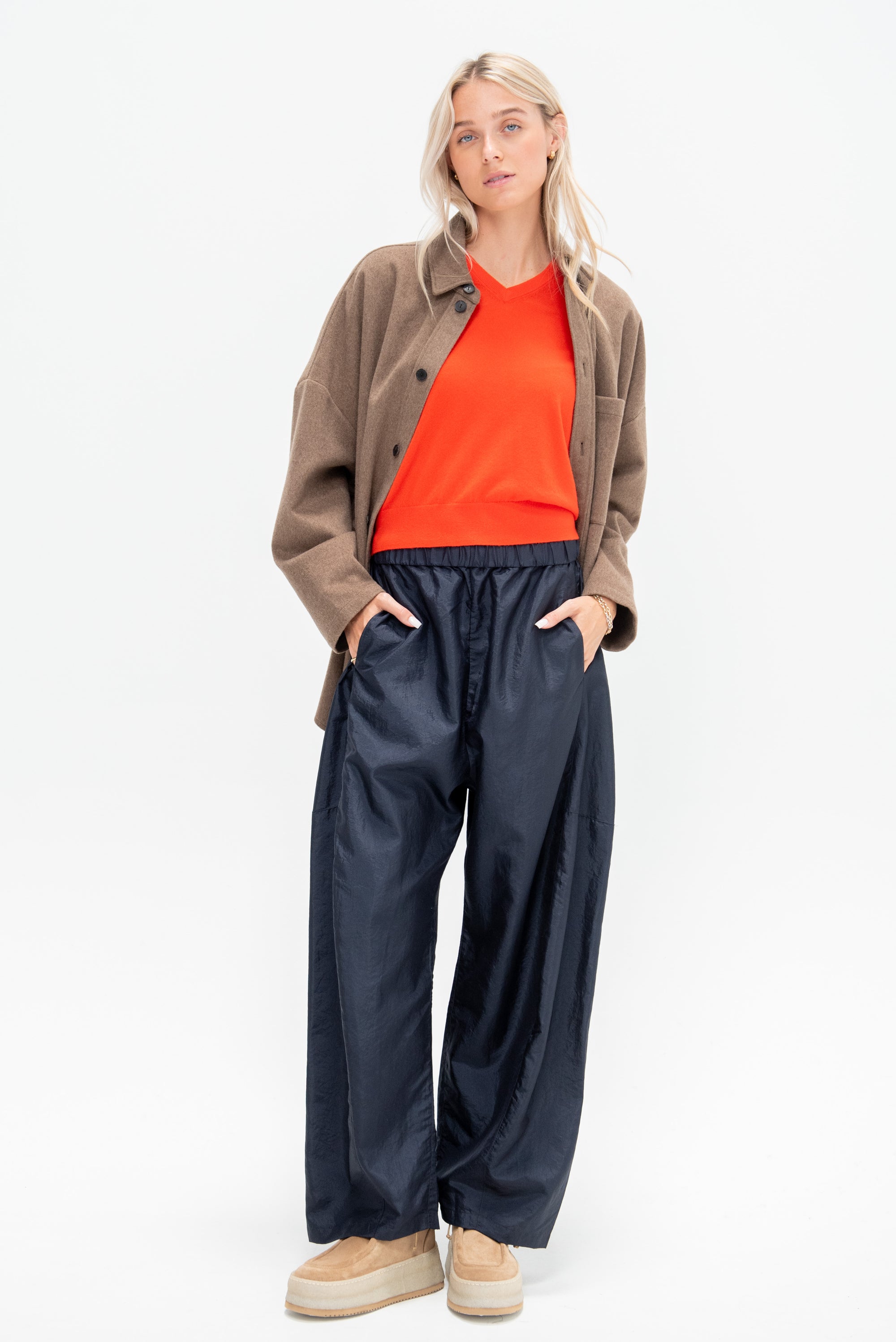 Skinlike Mercerized Wool Shrunken V-Neck Sweater, Red