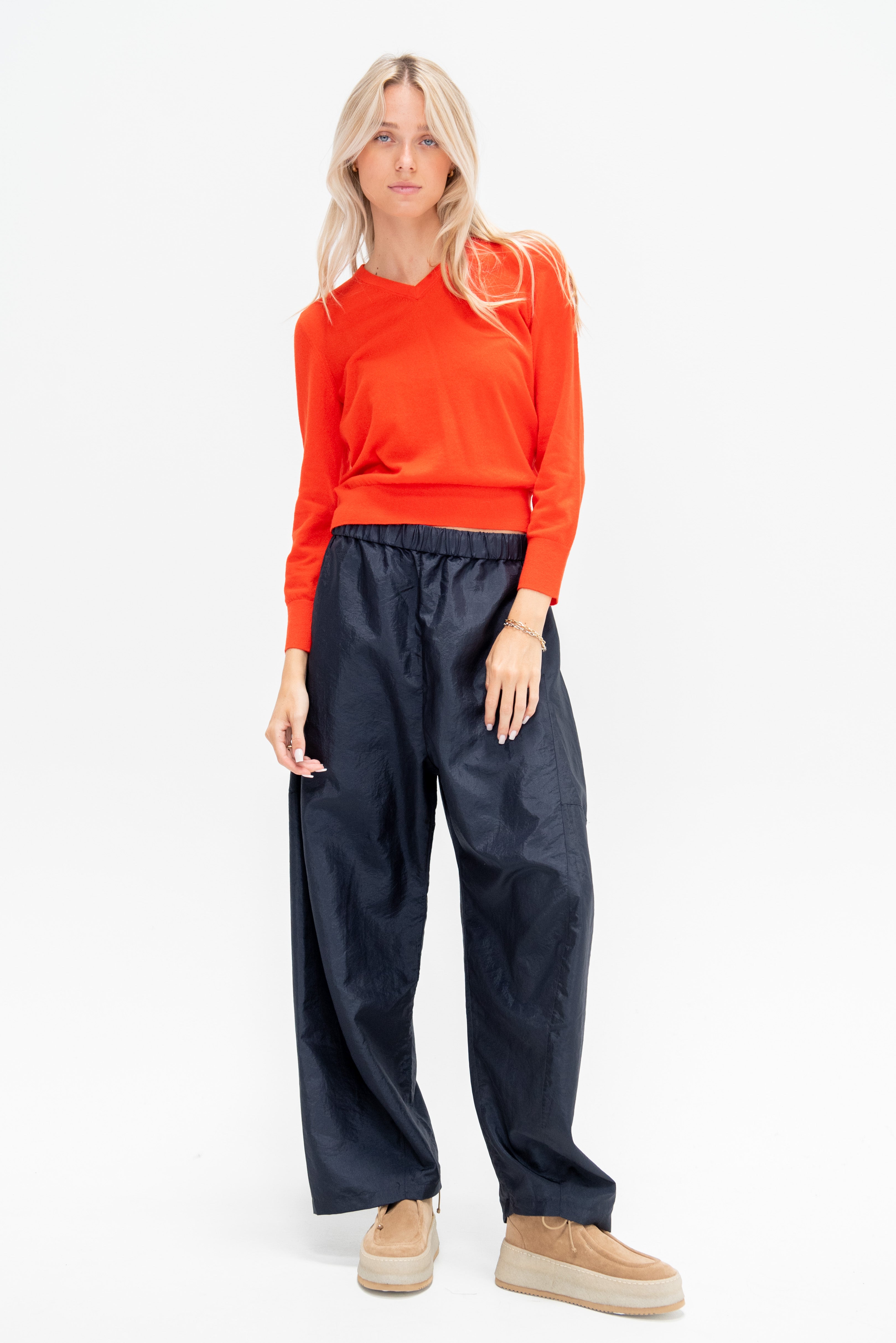 Tibi Skinlike Mercerized Wool Shrunken V-Neck Sweater, Red