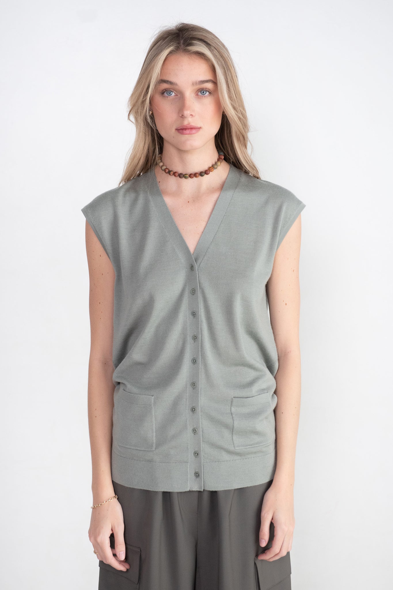 TIBI - Cashmere Silk Blend Sleeveless Button Down Sweater, Pumice Grey
