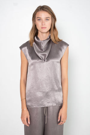 TIBI - Sion Satin V-Neck Scarf Top, Slate Grey