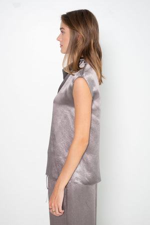 TIBI - Sion Satin V-Neck Scarf Top, Slate Grey
