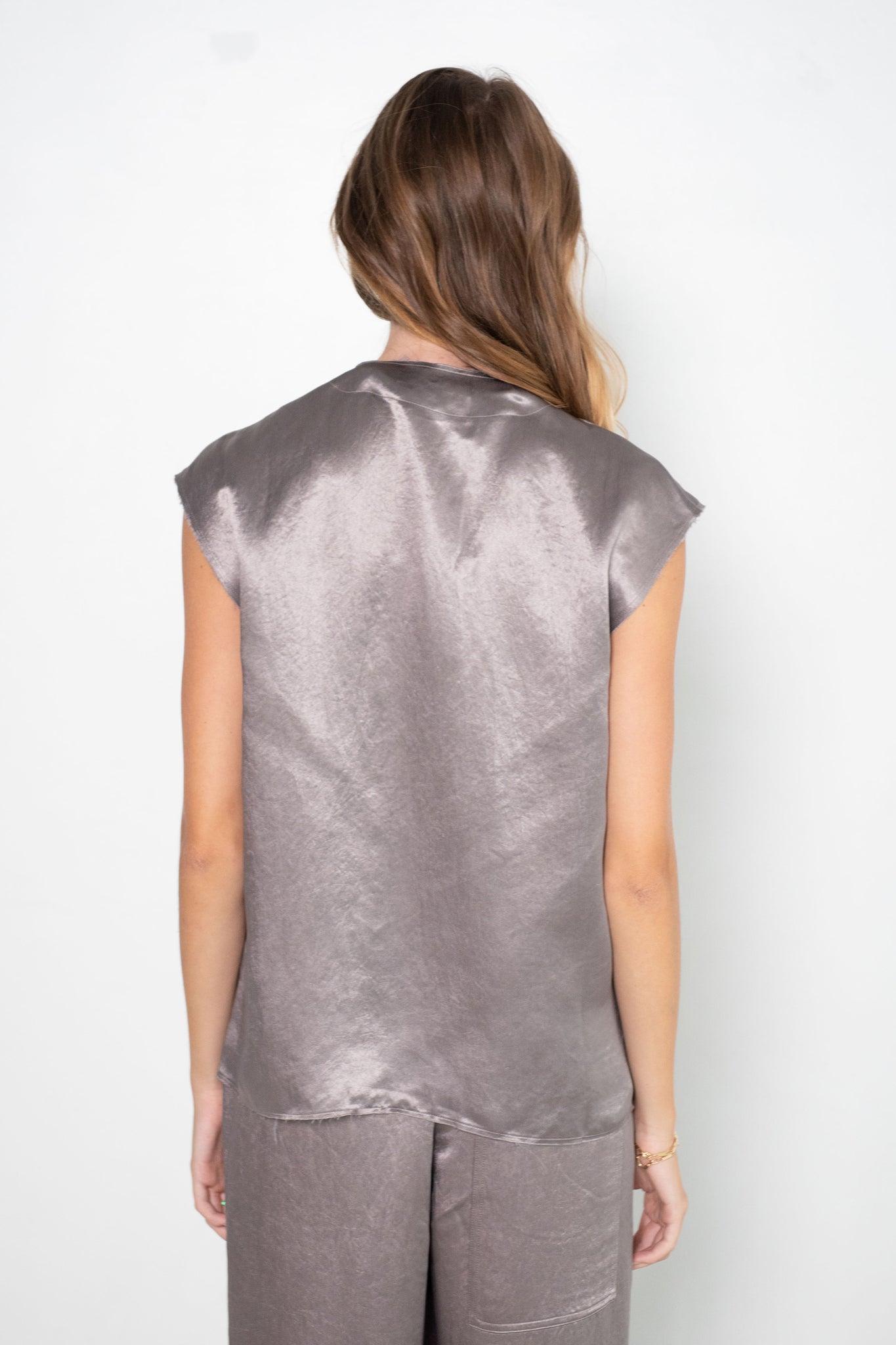 TIBI - Sion Satin V-Neck Scarf Top, Slate Grey