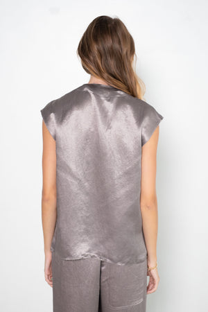 TIBI - Sion Satin V-Neck Scarf Top, Slate Grey