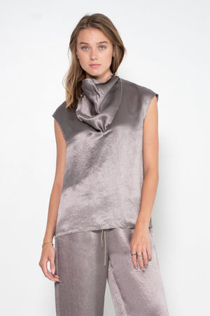 TIBI - Sion Satin V-Neck Scarf Top, Slate Grey
