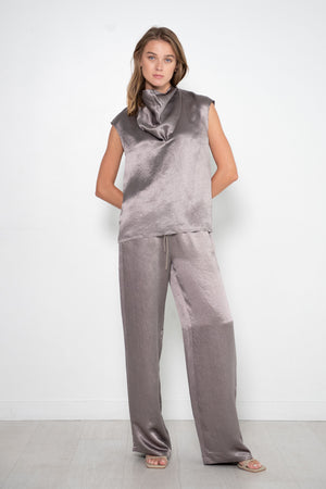 TIBI - Sion Satin V-Neck Scarf Top, Slate Grey