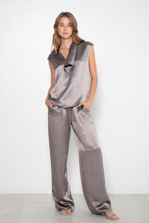 TIBI - Sion Satin V-Neck Scarf Top, Slate Grey
