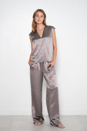 TIBI - Sion Satin V-Neck Scarf Top, Slate Grey