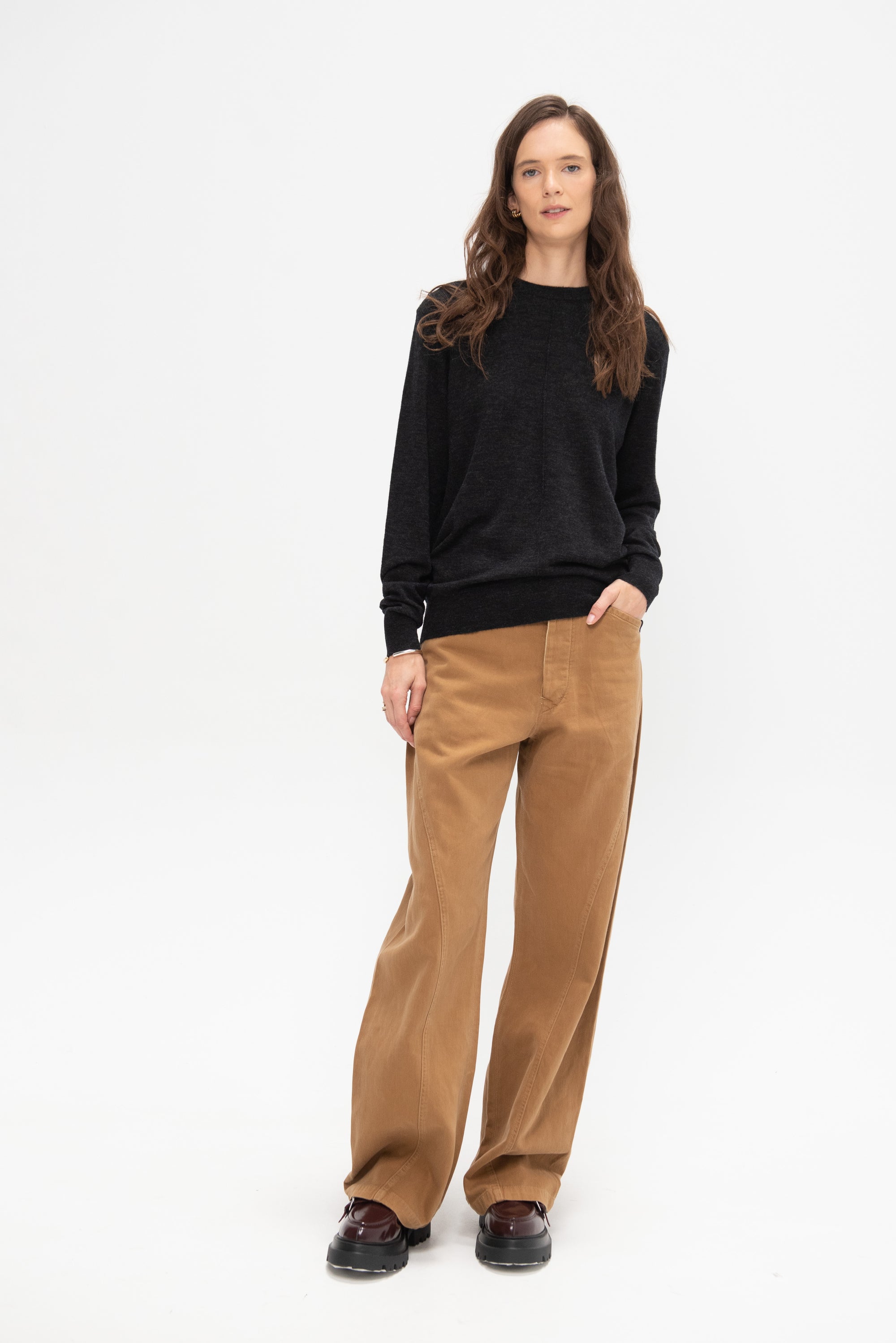 Skinlike Mercerized Wool Crewneck Pullover, Charcoal